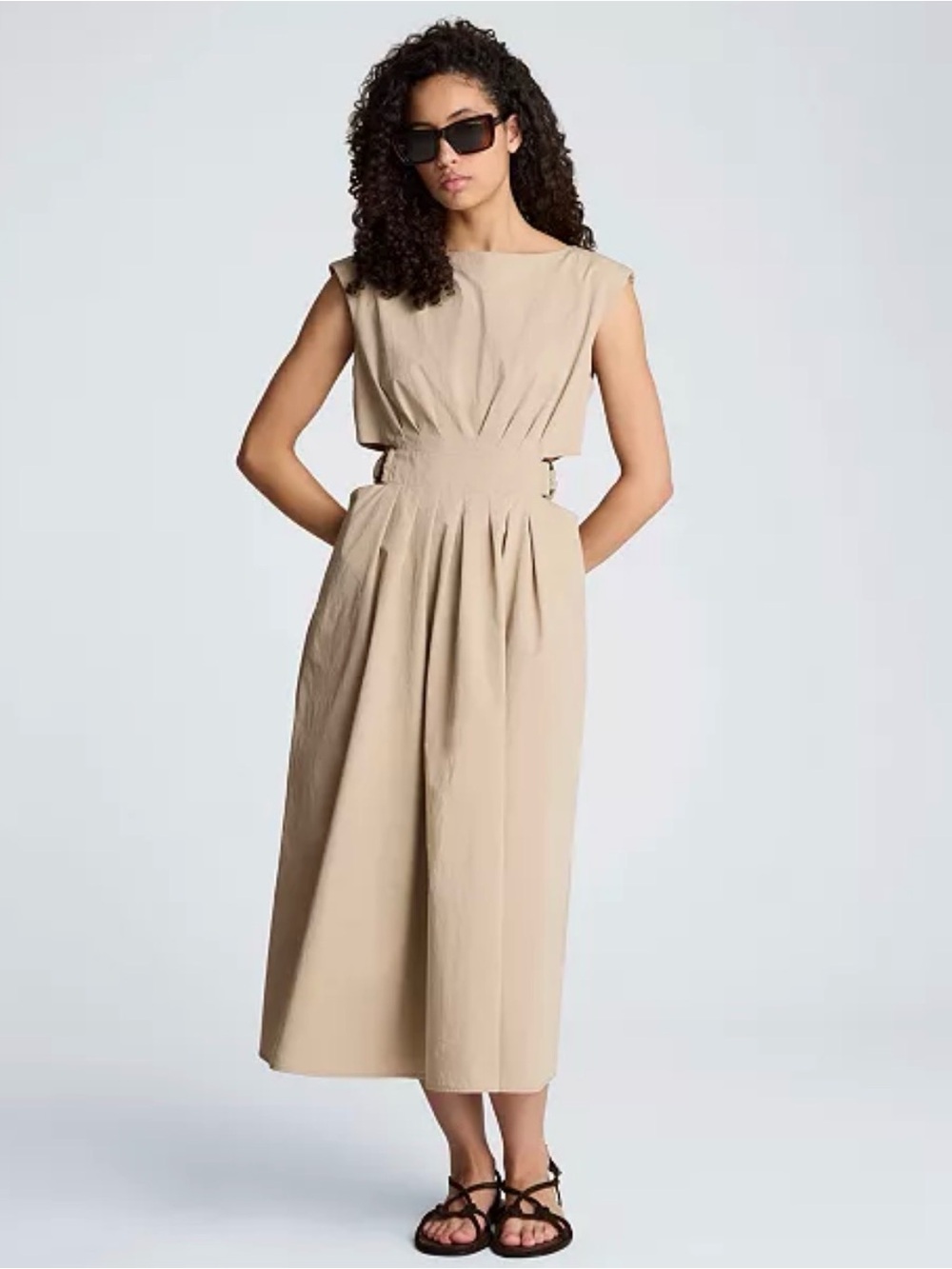 Kenneth Cole Sleeveless Beige Midi Dress with Adjustable Cinched Waist- size 6
